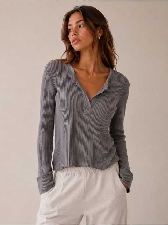 aerie Tops - Aerie "Love This Moment" Grey Ribbed Long Sleeve Top - Women’s Size Medium
